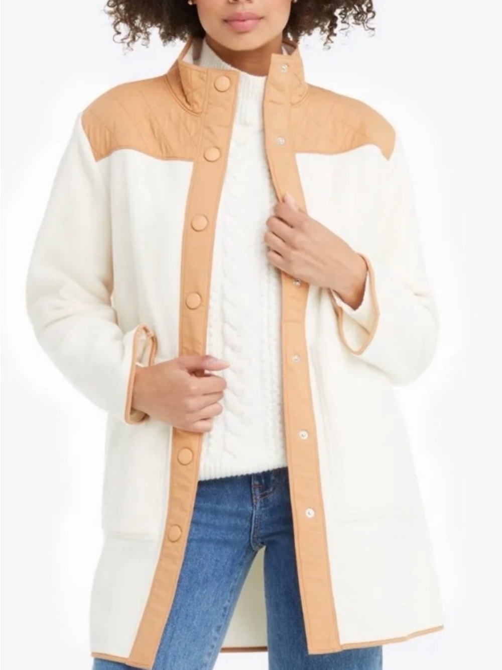Draper James Cream and tan Quilted fleece Jacket w snaps size XS preppy coastal
